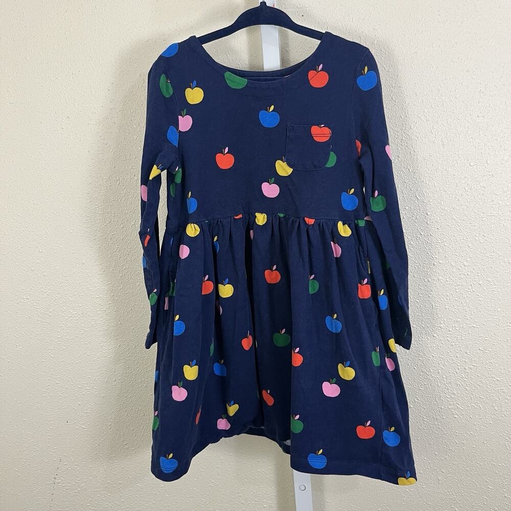 Mini Boden Apple Print Dress Girls 5-6Y Navy Long Sleeve Cotton Pocket